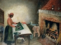 1890-1910 painting "Ironing Scene before a Log Fire" by Mary Lyde Hicks Williams